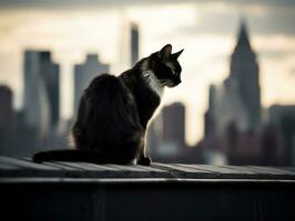 glatt Katze thront auf ein Dach gegen das Stadt Horizont ai generativ foto