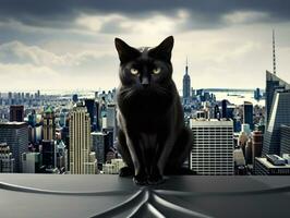 glatt Katze thront auf ein Dach gegen das Stadt Horizont ai generativ foto