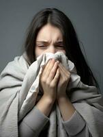 Frau ist gezeigt Leiden von kalt mit flüssig Nase auf grau Hintergrund ai generativ foto