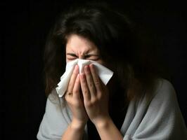Frau ist gezeigt Leiden von kalt mit flüssig Nase auf grau Hintergrund ai generativ foto