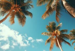 ai generiert Blau Himmel und Palme Bäume Aussicht von unter, Jahrgang Stil, tropisch Strand und Sommer- Hintergrund, Reise Konzept realistisch Bild foto