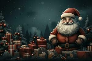 ai generativ Weihnachten Banner mit Kopieren Raum zum Text, Santa claus feiern mit Geschenkbox, Tanne Baum Geäst und rot Ornamente, dunkel Farbe Hintergrund foto