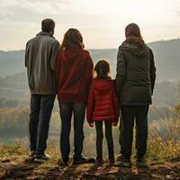 Familie von vier Stehen auf ein Hügel - - ai generiert foto