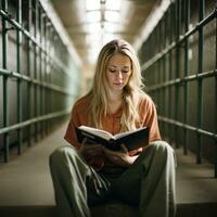 Frau lesen Buch im Gefängnis - - ai generiert foto