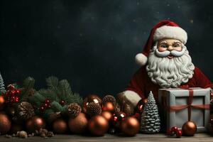 ai generativ Weihnachten Banner mit Kopieren Raum zum Text, Santa claus feiern mit Geschenkbox, Tanne Baum Geäst und rot Ornamente, dunkel Farbe Hintergrund foto