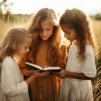Mädchen lesen das Bibel - - ai generiert foto