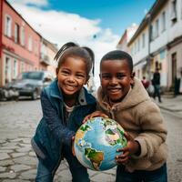 froh schwarz Kinder mit Globus - - ai generiert foto