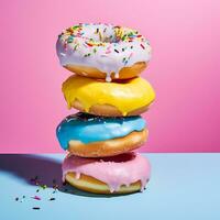 bunt Donuts auf Anzeige - - ai generiert foto