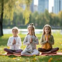 multikulturell Mädchen üben Yoga - - ai generiert foto