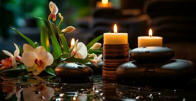Wellness Dekoration, Spa Massage, Öl auf Stein Hintergrund. Zen, Entspannung Konzept - - ai generiert Bild foto