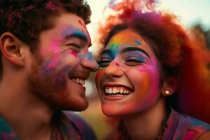 glücklich Paar mit gemalt Gesichter beim holi Festival. generieren ai foto