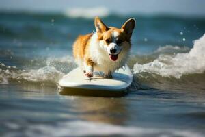 glatt Corgi Surfbrett. generieren ai foto