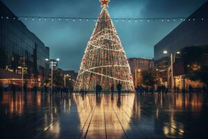 Weihnachten Baum Beleuchtung beim Nacht nach Regen Straße. generieren ai foto