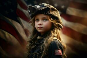 patriotisch amerikanisch Militär- Kind Mädchen in der Nähe von Flagge. generieren ai foto