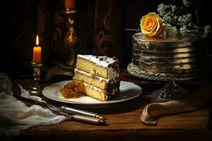 Stück von Kuchen mit Orange Marmelade auf ein hölzern Tabelle ai generiert foto