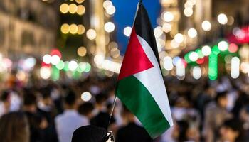 ein Demonstrant halten ein palästinensisch Flagge im ein überfüllt Stadt ai generiert Bild foto