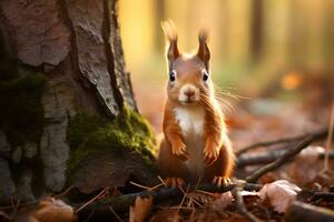ein rot Eichhörnchen Stehen Nächster zu ein Baum im ein Wald. ai generiert foto