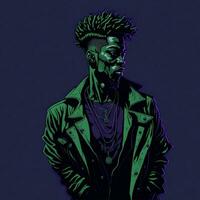 schwarz Rapper Illustration mit Duotone Stil, lila und Grün Farbe, ai generativ foto