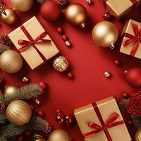 Weihnachten Geschenke und Bälle, Kugeln auf rot Hintergrund generiert ai foto