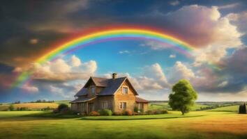 Regenbogen im Himmel Wolken Über ländlich Haus Rasen Sommer- Feld Land Landschaft ai generiert foto