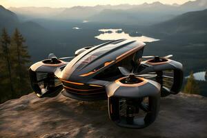 ai generativ. selbstfahrend Passagier Drohne auf das oben von ein hügel, gegen das Hintergrund von ein Abend Berg Landschaft foto