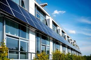 Solar- Paneele Eingerichtet zwischen das Boden und zuerst Böden von ein Wohn Gebäude. ai generativ foto