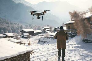 ai generativ. Drohne Lieferung von ein Befehl, Essen oder Medizin zu das Landschaft, Dorf oder schwer zu erreichen Bereiche im Winter foto