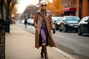 ein schön schlank Alten Frau mit grau Haar und bilden Spaziergänge entlang das Stadt Straße im ein braun Regenjacke und schwarz Brille. ai generativ foto