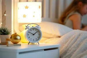 das Kind Lügen im Bett, Nächster zu das Nachttisch Dort ist ein Uhr und zeigt an spät Zeit. das Konzept von Kinder- Schlaf Zeitplan. ai generativ foto
