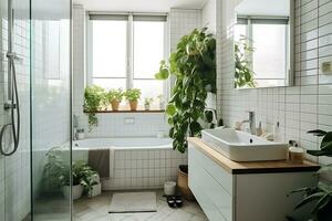 das Design von das Weiß Badezimmer ist gemacht im Öko Stil. das Badezimmer ist Weiß gefliest und gefüllt mit Leben Pflanzen. ai generativ foto