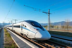 ai generativ. schnelle Geschwindigkeit Zug auf das Weg. das Zug kommt an oder fährt ab von das Bahnhof. horizontal Foto