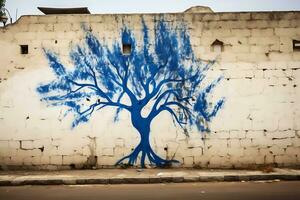 ai generativ. Graffiti im das bilden von ein Blau Baum auf das Mauer von ein israelisch Haus foto