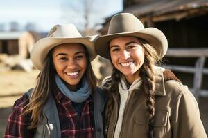 ai generativ. afrikanisch amerikanisch und europäisch Cowgirl Mädchen posieren im Cowboy Hüte gegen das Hintergrund von ein Bauernhof, suchen beim das Kamera und lächelnd. horizontal Foto