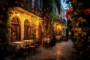 ai generativ. Cafe im das Center von das Abend Stadt mit Dekor von frisch Blumen auf das Wände von das Gebäude, Lampen und Tabellen mit Weiß Tischdecken. horizontal Foto