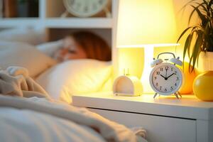 das Kind Lügen im Bett, Nächster zu das Nachttisch Dort ist ein Uhr und zeigt an spät Zeit. das Konzept von Kinder- Schlaf Zeitplan. ai generativ foto