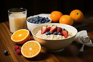 gesund Frühstück mit Haferflocken, Beeren und Milch auf hölzern Tisch, Chia Samen Pudding mit Erdbeeren, Blaubeeren und Banane im ein Glas Krug, gesund Frühstück Schüssel mit Hafer Granola, ai generiert foto