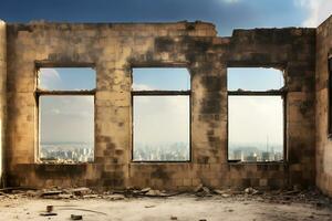 ai generativ. durch das zerstört Fenster von das verbrannt Gebäude, ein Aussicht von das Stadt im welche das Krieg ist gehen auf öffnet hoch. foto