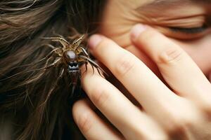 ai generativ. ein groß Insekt kriecht entlang ein Mädchen Hand. Konzept von taktil Halluzinationen foto