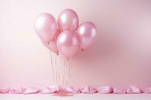 Rosa Luftballons und Rosa Bänder auf Pastell- Hintergrund mit Kopieren Raum, glücklich Geburtstag Beschriftung auf Rosa Luftballons Hintergrund, Urlaub und Feier Konzept, ai generiert foto