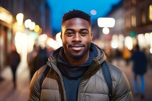 ein jung afrikanisch amerikanisch Mann posiert gegen das Hintergrund von ein Nacht Stadt. Mann suchen beim Kamera und lächelnd. ai generativ foto