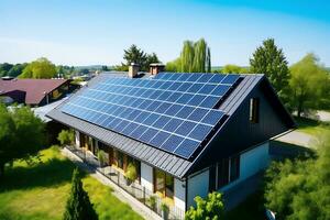 Solar- Paneele auf das Dach von ein Wohn Gebäude. ai generativ foto