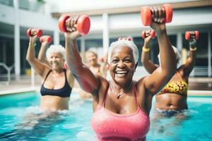 Alten Frauen tun Wasser Aerobic im das draussen Schwimmbad. im Fokus glücklich älter afrikanisch amerikanisch Frau mit Hanteln. ai generativ foto