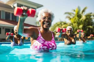 Alten Frauen tun Wasser Aerobic im das draussen Schwimmbad. im Fokus glücklich älter afrikanisch amerikanisch Frau mit Hanteln. ai generativ foto