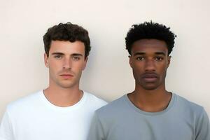 zwei jung Männer von kaukasisch und afrikanisch amerikanisch Aussehen im Weiß und grau T-Shirts Pose gegen ein Weiß Hintergrund. jung Männer suchen beim das Kamera. ai generativ foto