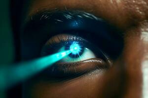 kosmetisch Keratopigmentierung mit ein Femtosekunde Laser. braun Augen Veränderung zu Blau oder grün. ai generativ foto