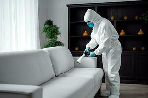 ai generativ. ein Desinfektionsmittel im ein schützend passen Sprays Möbel zu erhalten loswerden von Bett Fehler. foto