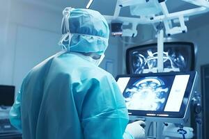 das der Chirurg im das Betriebs Zimmer sieht aus beim das Monitor Bildschirm, prüft das Indikatoren und Kontrollen das Arbeit von das Roboter. ai generativ foto