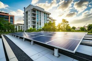 Solar- Panel Installation mit städtisch Landschaft Sehenswürdigkeiten, Alternative Elektrizität Quelle, nachhaltig Ressourcen Konzept. ai generativ foto