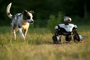 ai generativ. ein Hund und ein klein Roboter auf Räder Bewegung zusammen über ein Feld während das Tageszeit. horizontal Foto