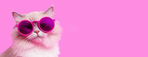 schön Weiß flauschige Katze im lila Brille mit ein Rosa Rand posieren auf ein Rosa Hintergrund. ai generativ foto